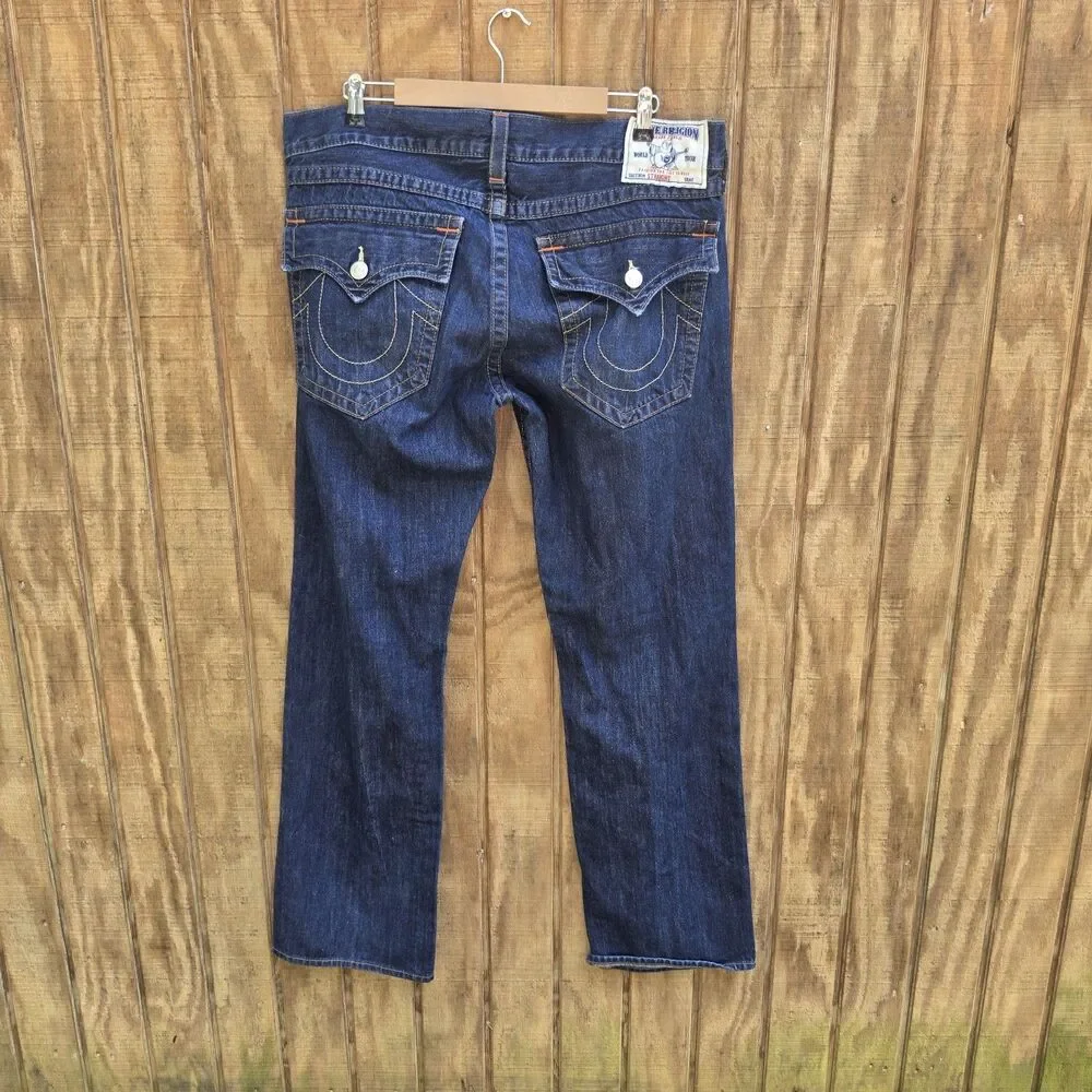 True Religion Straight Dark Wash Horseshoe Stitching Jeans Mens Size 38